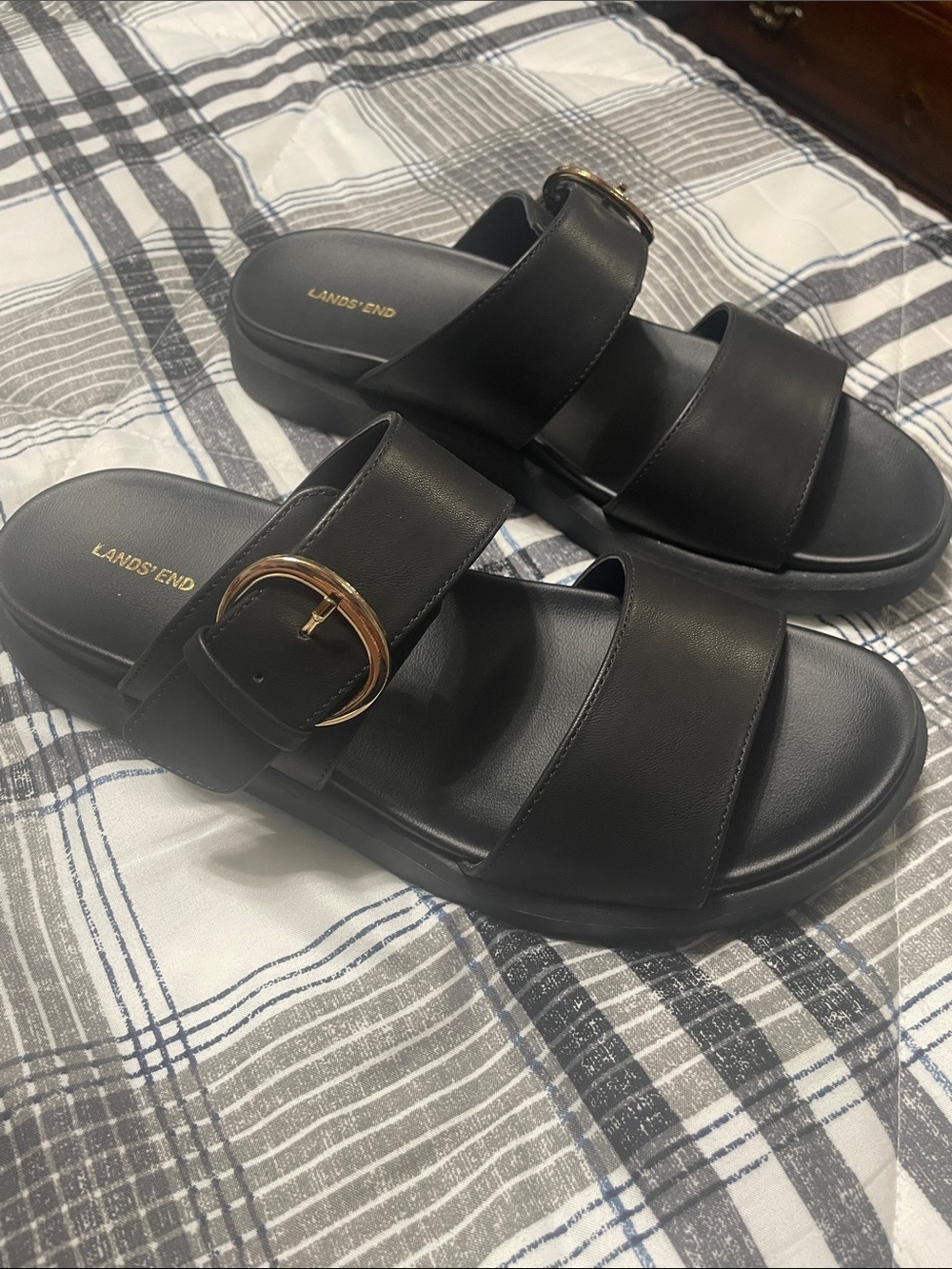 Lands' End Black Slide Sandals with Gold Buckle